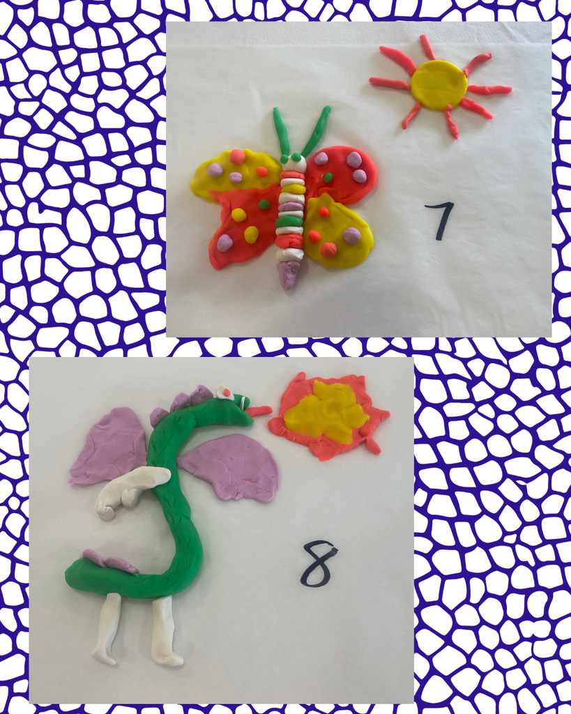 Two play-dough creations on white backgrounds. Top has a butterfly and sun with number 7. Bottom has a dragon and flower with number 8.