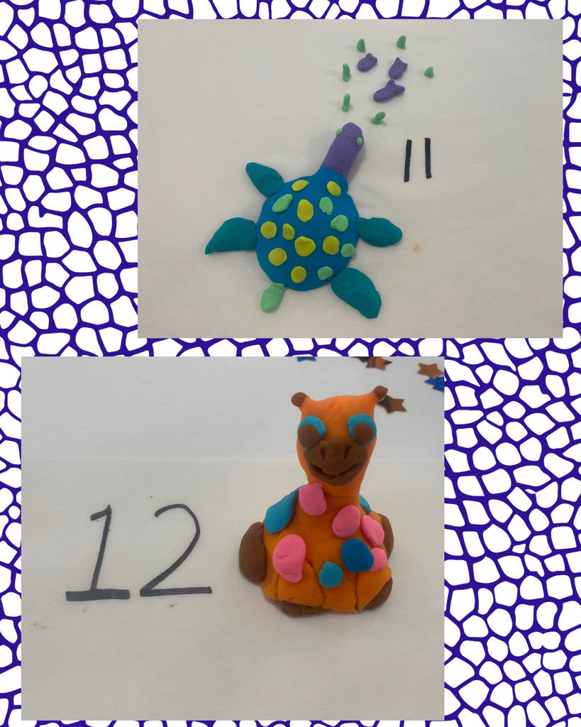 Collage of two clay animal sculptures: one with blue shell, yellow spots, and number 11, and another with orange body, multi-colored dots, and number 12.