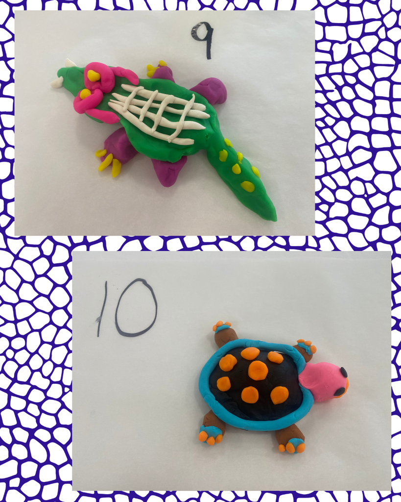Two colorful, hand-made clay models: a green creature with a pink flower and number 9, and a turtle with blue shell, pink head, and number 10.
