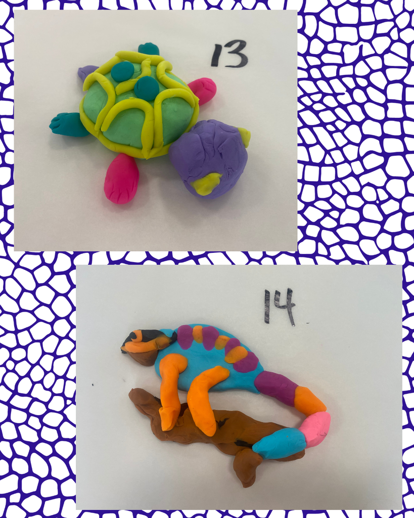 Two colorful clay sculptures on white backgrounds with blue patterns. First, a turtle with a shell, second, a lizard on a branch.