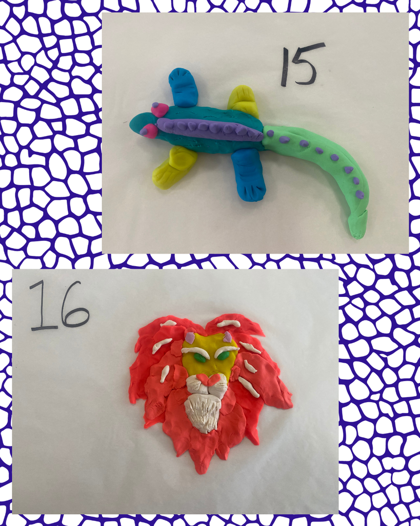 Two clay creations numbered 15 and 16, each with distinct shapes and vibrant colors. One resembles a dragon, the other a lion.