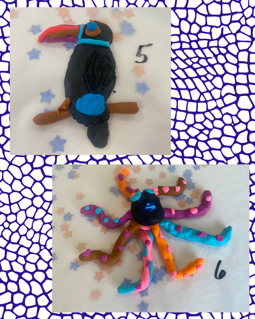 Two play-dough creations: a bird with a long beak and blue head, and an octopus with colorful tentacles.