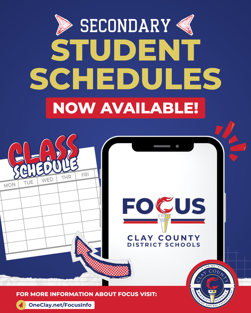 A mobile phone displays the Focus app logo. The phone is on a blue background. A class schedule is visible next to the phone.