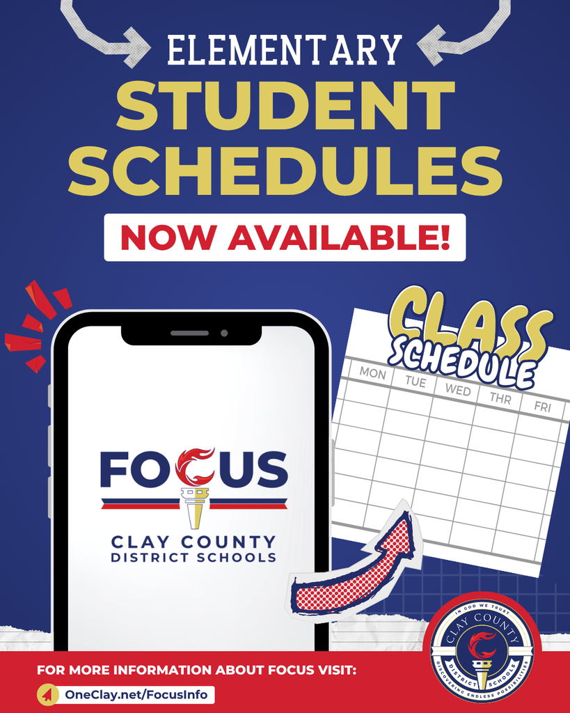 A poster announces elementary student schedules now available. It shows a smartphone with the Focus app logo and a class schedule.