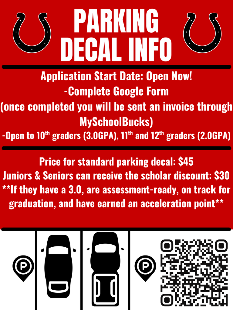 Poster shows "PARKING DECAL INFO" with application details and pricing. Two cars with "P" signs and a QR code. Background is red with horseshoes.