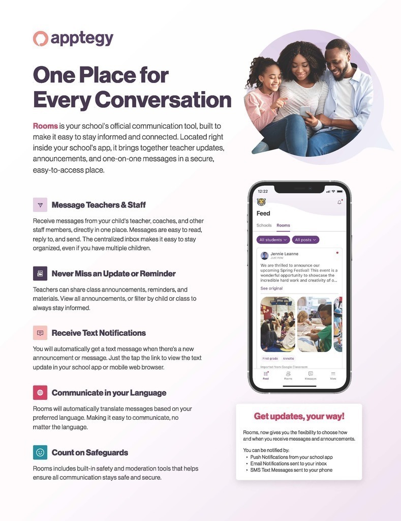 A mobile application advertisement displays a family using the app on a phone, highlighting communication tools for parents and teachers.