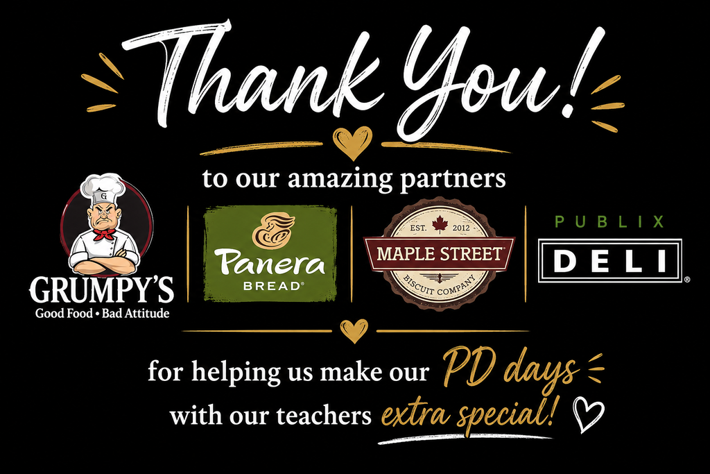 Black background displays a heart and "Thank You!" text. Logos for Grumpy's, Panera Bread, Maple Street Bakery, and Publix Deli are present.