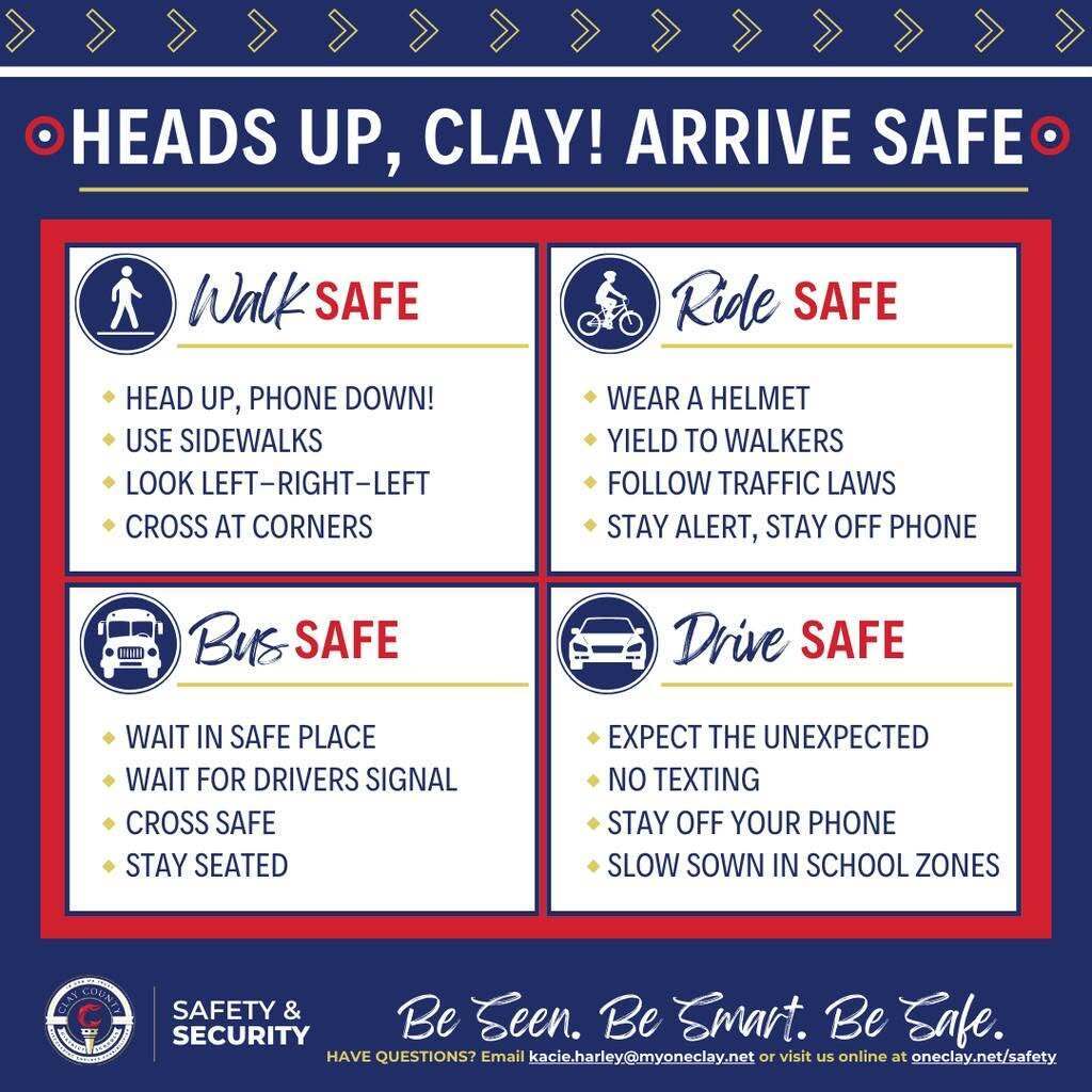 A blue and white graphic with four sections titled 'Walk Safe', 'Ride Safe', 'Bus Safe', and 'Drive Safe'. Each section contains safety tips.