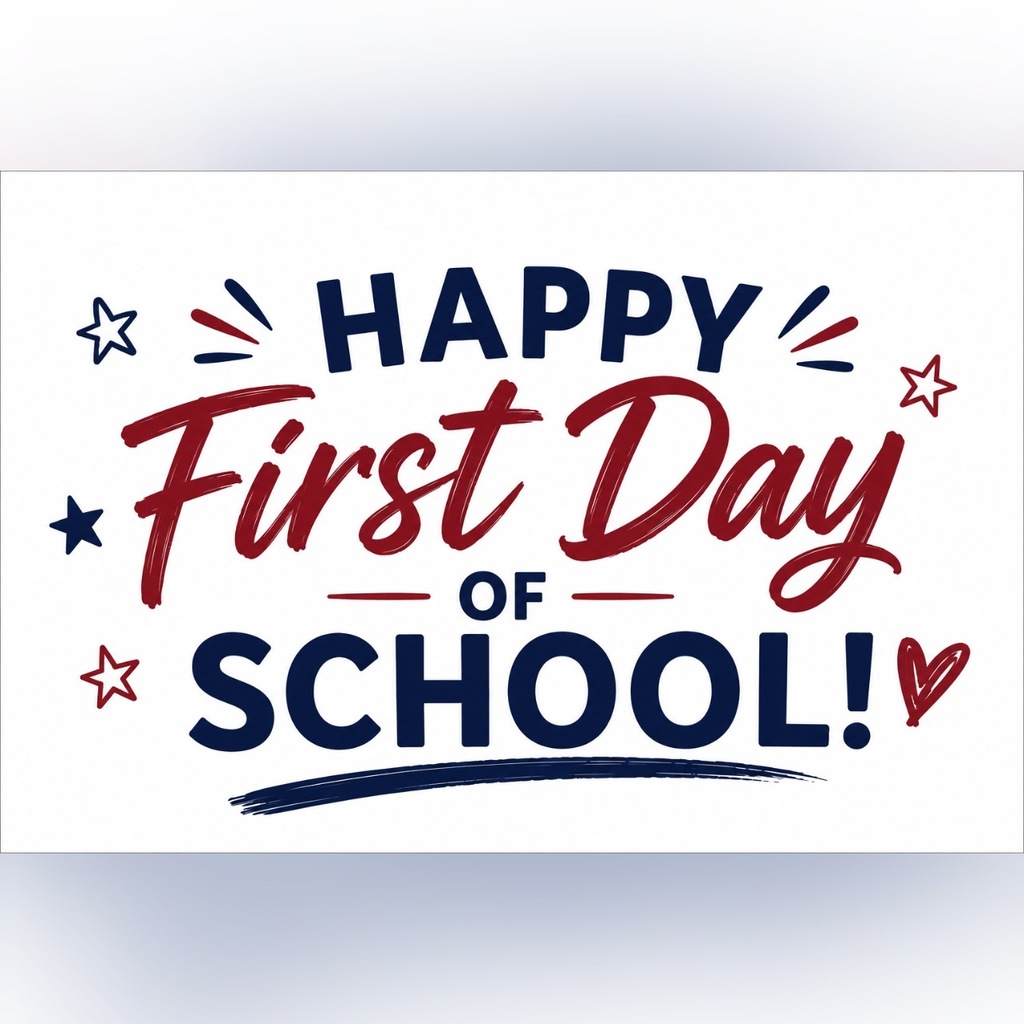 Text: "Happy First Day of School!" is displayed in bold, multicolored letters with stars and hearts. Background is white.