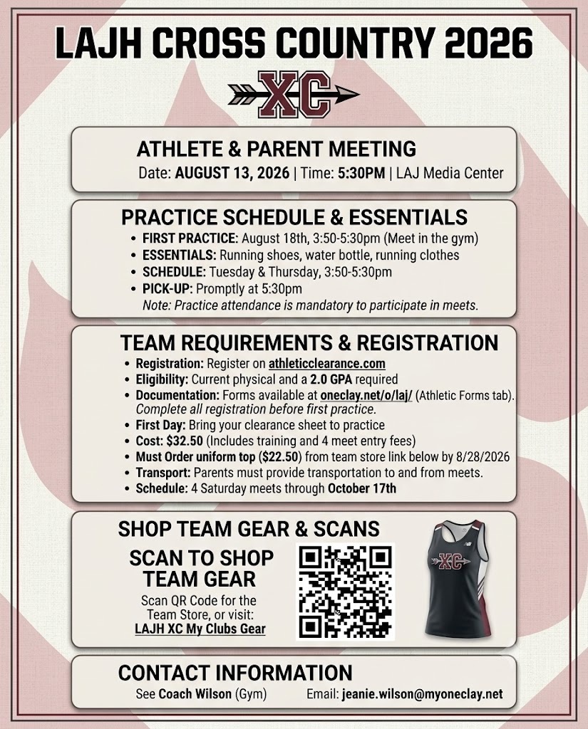 A flyer with text and icons shows LAJH Cross Country 2026 details, including practice, registration, team gear, and contact information.