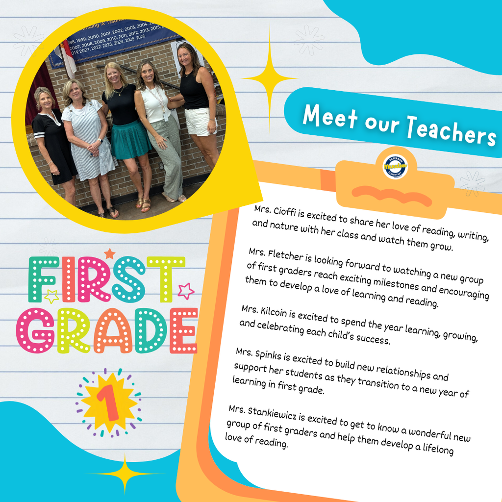 🐾 Meet the 1st Grade Team! 🐾 Manatee Families, our 1st grade teachers are ready to kick off an amazing year! Here’s a sneak peek at what they're most looking forward to: Mrs. Cioffi: Sharing her love of reading, writing, and nature while watching her students grow! Mrs. Fletcher: Helping students reach big first-grade milestones and fostering a love for learning. Mrs. Kilcoin: Learning, growing, and celebrating every single child's success! Mrs. Spinks: Building strong relationships and guiding students through a smooth 1st-grade transition. Ms. Stankiewicz: Getting to know her new class and building a lifelong love of reading.