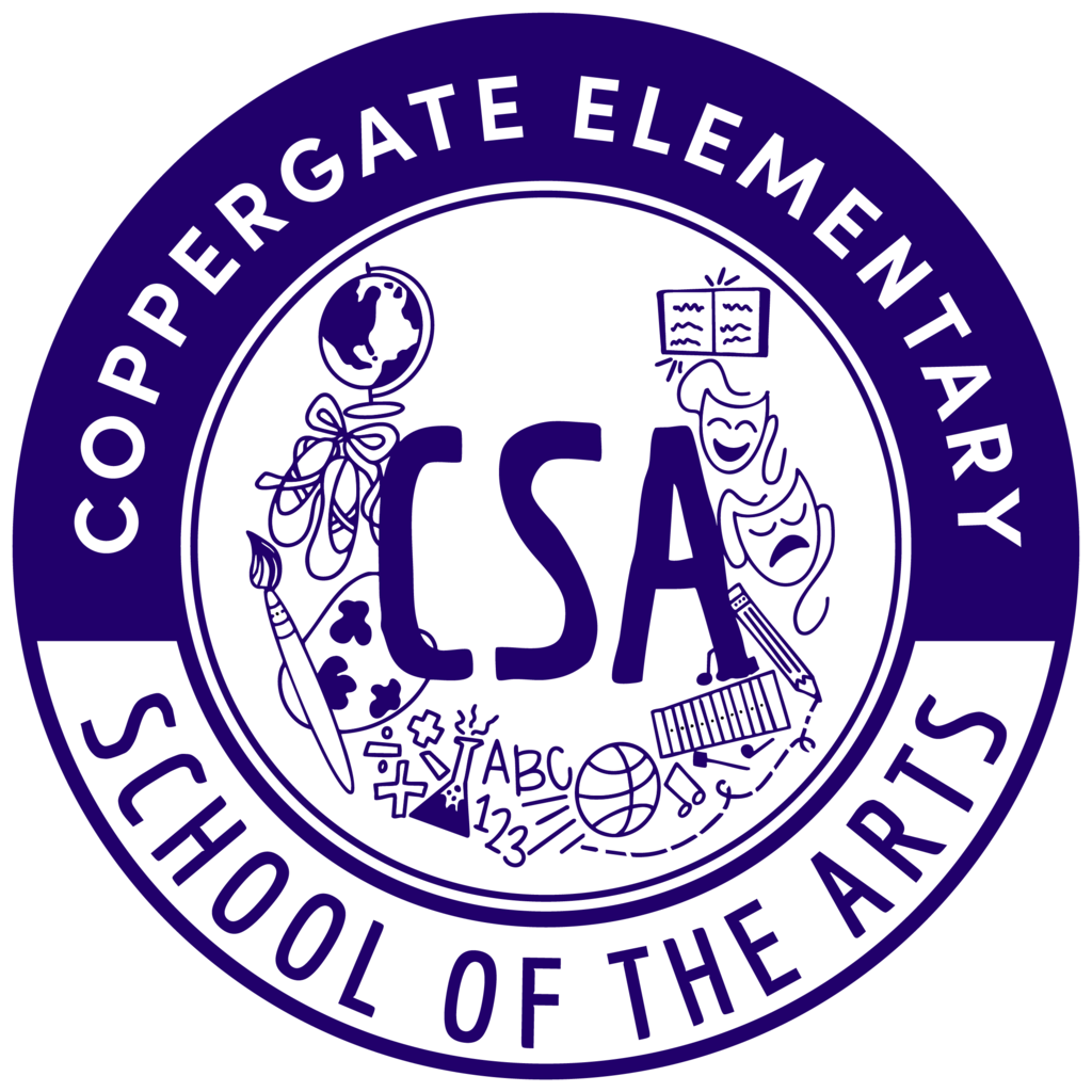 A circular emblem for Coppergate Elementary School of the Arts, featuring CSA in bold letters and various art-related icons.