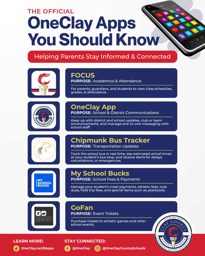 An advertisement for OneClay apps displays icons and brief descriptions for apps: Focus, OneClay App, Chipmunk Bus Tracker, My School Bucks, and GoFan.