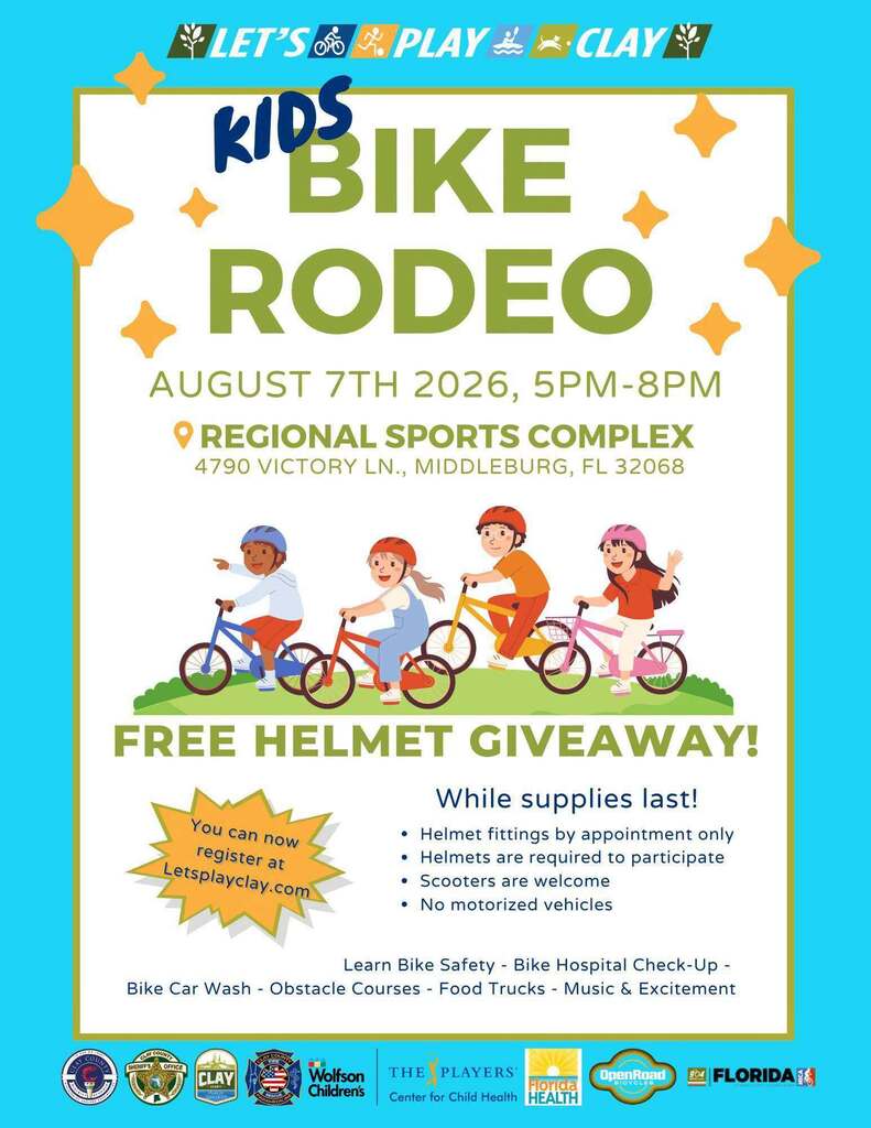 Flyer for Kids Bike Rodeo event on August 7, 2026. Features children riding bikes, safety gear, and event details. Background is blue.