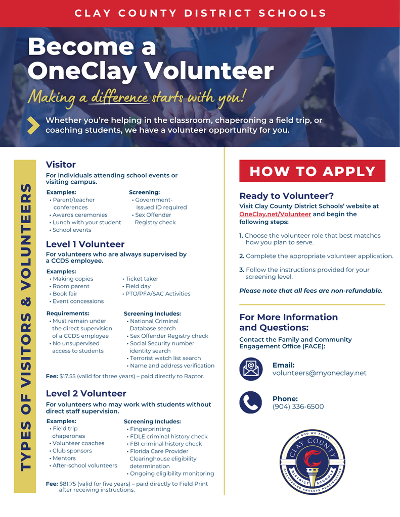 A document provides details on becoming a volunteer for Clay County District Schools, including application steps, types of volunteers, and required background checks.