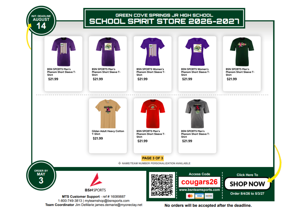 A page displays various T-shirts with colors, sizes, and prices. The top has a green border, with text and a QR code at the bottom.