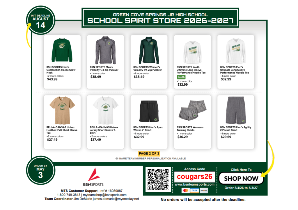 An advertisement with multiple clothing options available for purchase. Prices are listed next to each item.