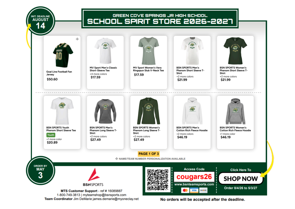 A digital display showing various designs of t-shirts from the Green Cove Springs Jr. High School Spirit Store.