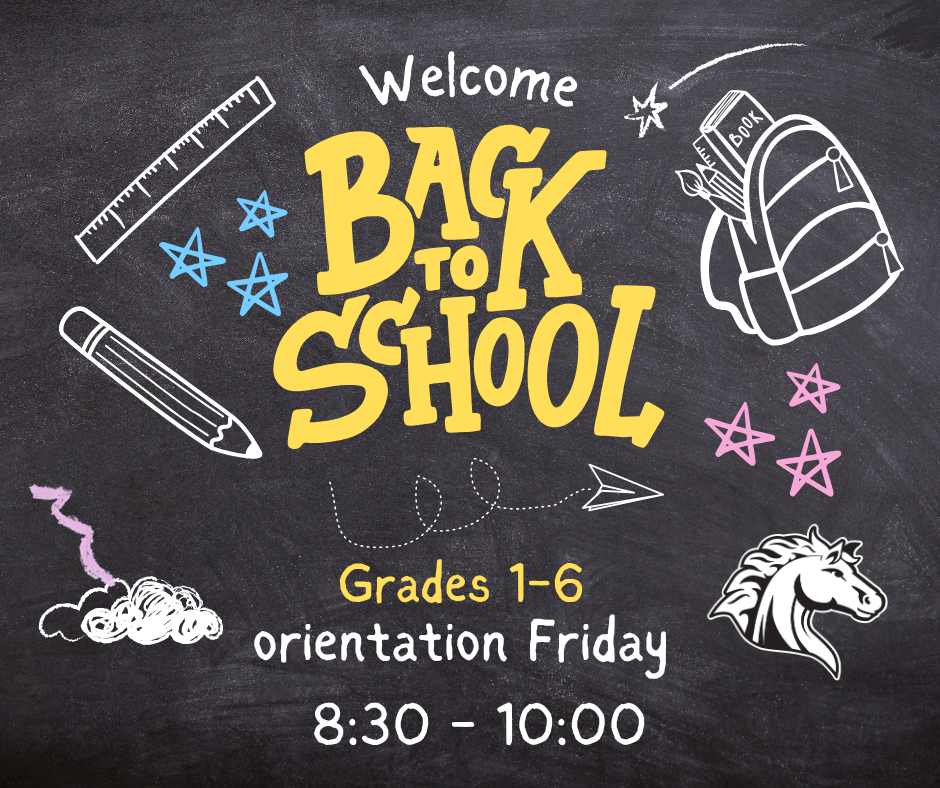 Black chalkboard background with "Welcome Back To School" written in yellow. Various school items such as a pencil, ruler, stars, and a backpack are also present.