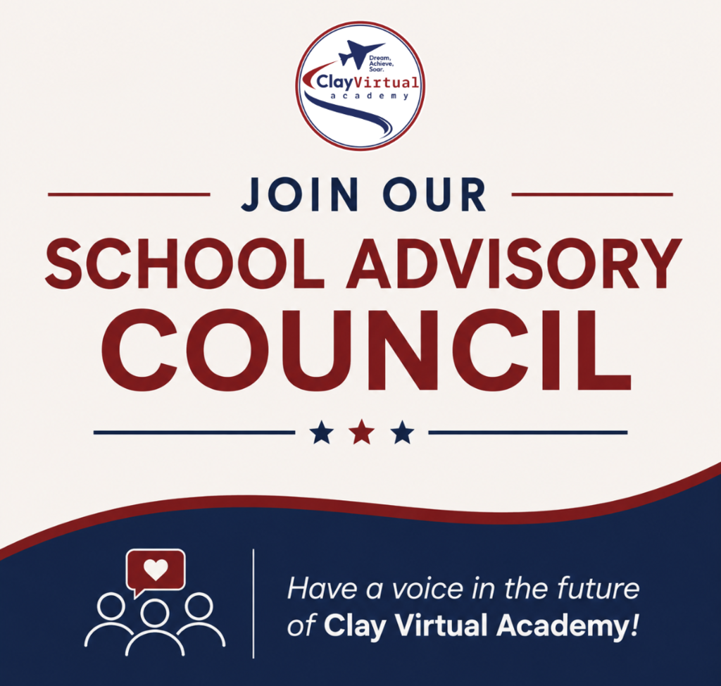 A white and blue poster advertises a School Advisory Council with red text and a blue heart icon.
