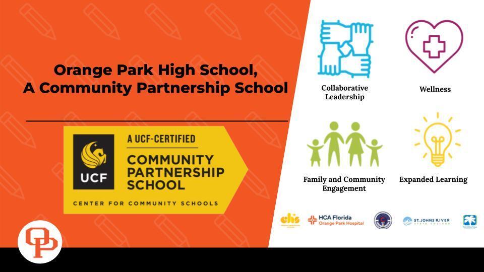 Orange Park High School, a community partnership school, with icons like a heart, lightbulb, and families. Logos include UCF, Community Partnership School, and several organizations.