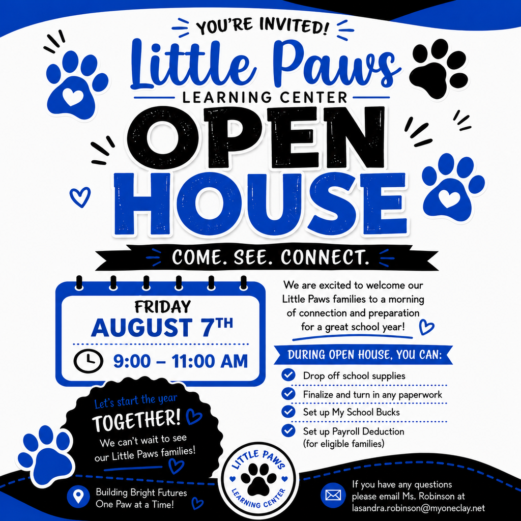A blue and white poster with the title "Little Paws Learning Center Open House". The poster shows an invitation with details about the event.