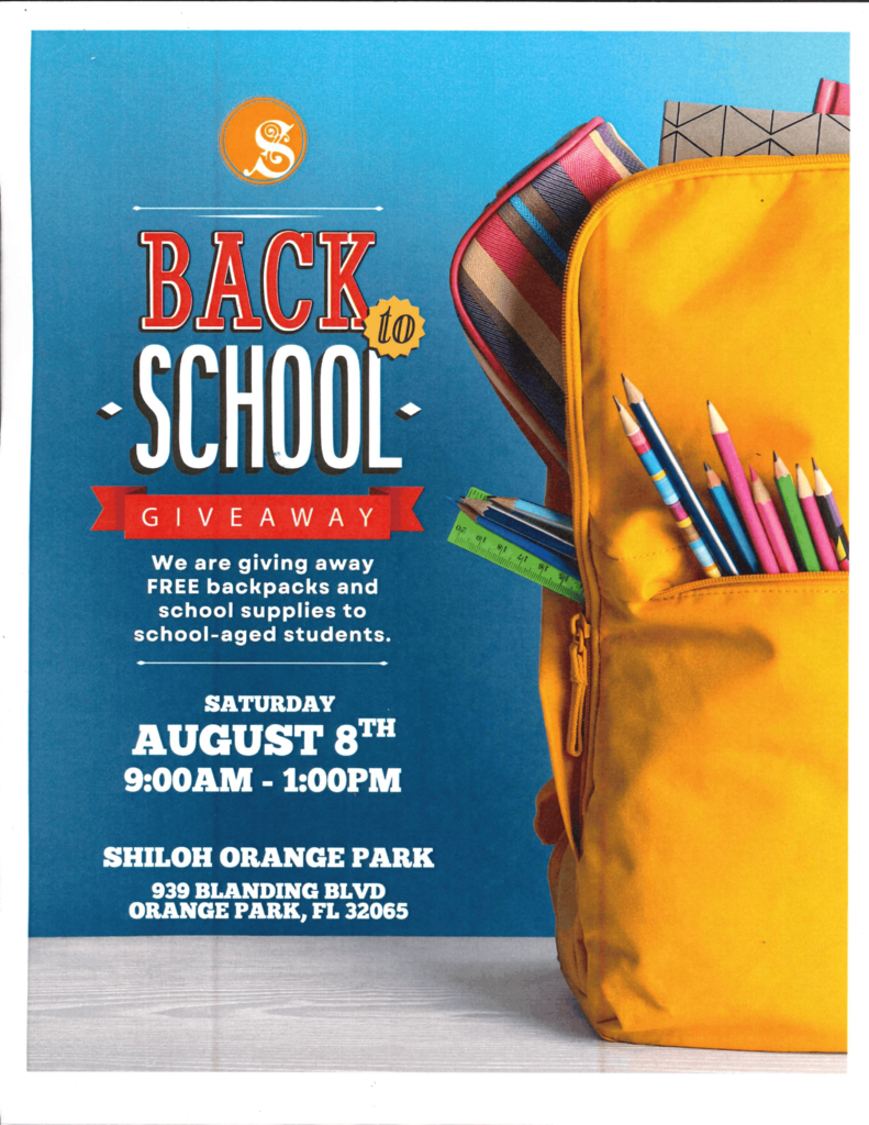 A blue background displays an event poster with the text "Back to School Giveaway." A yellow backpack with colorful pencils and a ruler is on the right.