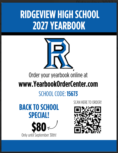 Blue and white banner for Ridgeview High School yearbook 2027. It reads "Order your yearbook online at www.YearbookOrderCenter.com". School code is 15673.