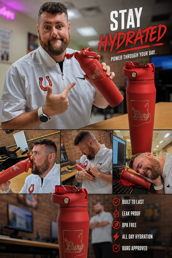 A man points to a red tumbler while others drink from or use it. Text reads "Stay Hydrated".