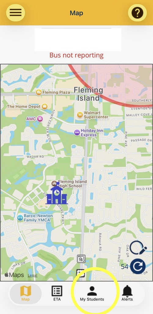 A map app interface with a highlighted "My Students" button and a red line indicating a bus route, with "Bus not reporting" noted.