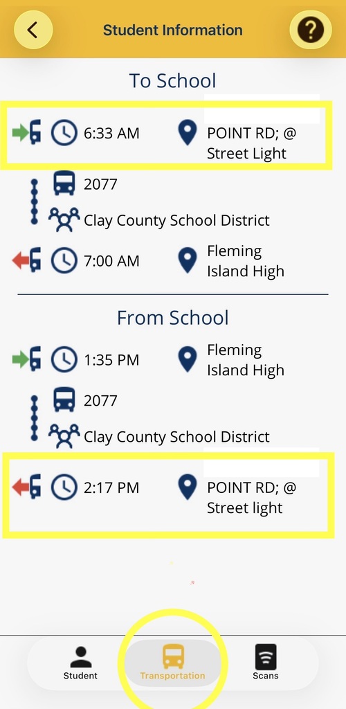 Mobile app interface displaying transportation details with "To School" and "From School" sections, each with times and pickup points.