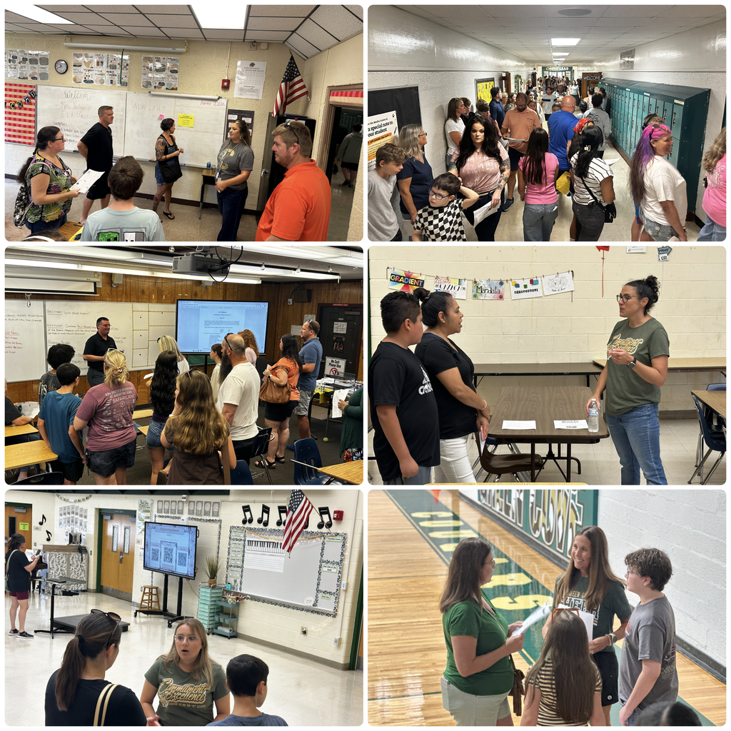 Collage of six photos showing people in school hallways and classrooms. Some individuals are standing, some seated, and some are walking.