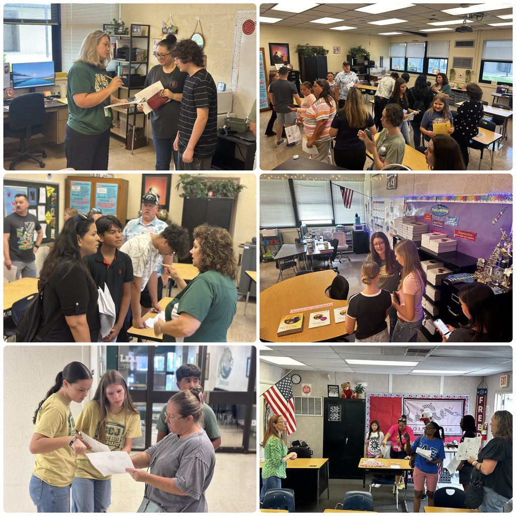Collage of six photos of students and teachers in a classroom. A woman holds a book and talks.