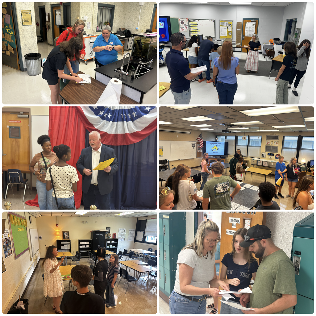 A series of photos showing educators and students engaged in various activities in classrooms and hallways.