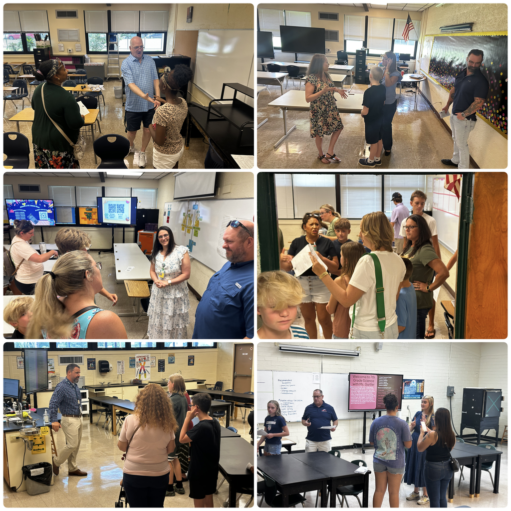 Collage of six images showing a group of adults in various indoor settings, possibly classrooms. Some are standing and talking, others are seated.
