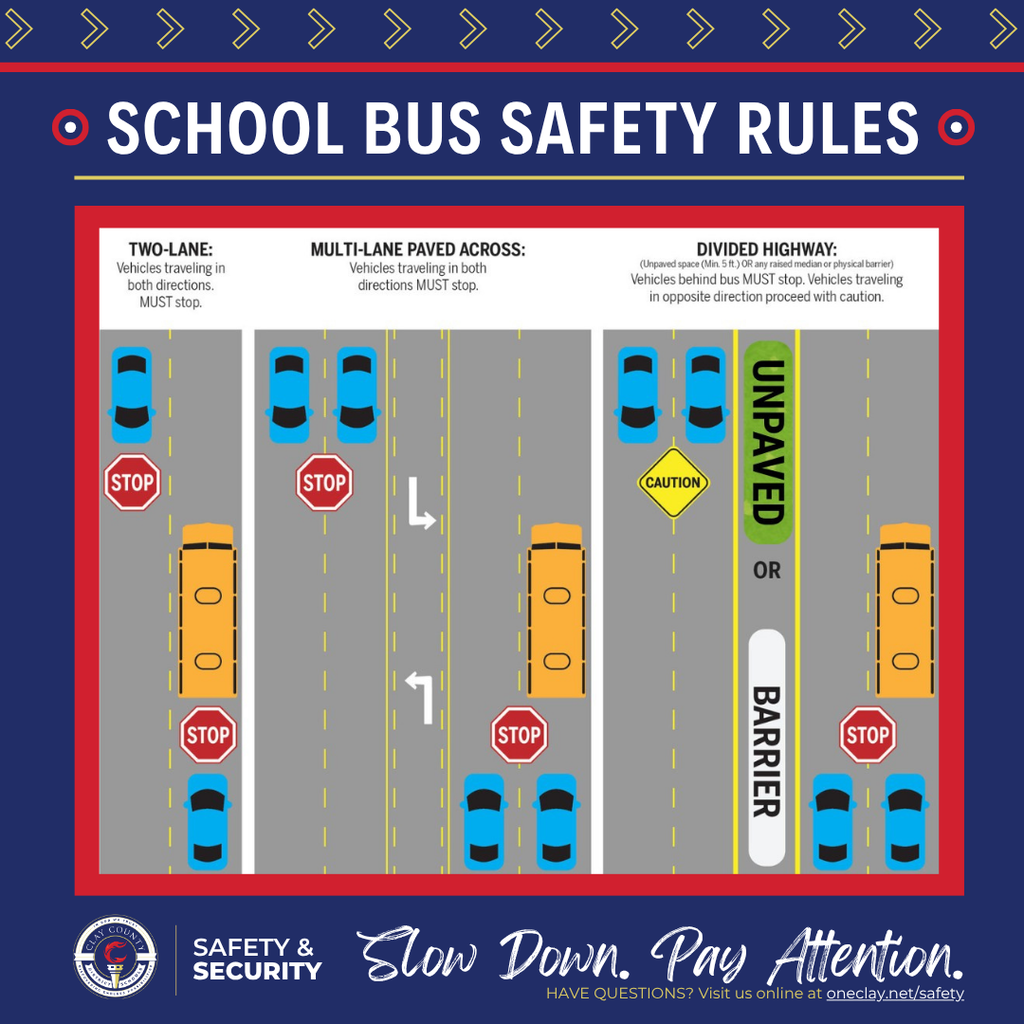 Infographic titled "School Bus Safety Rules" showing school buses on different road types.