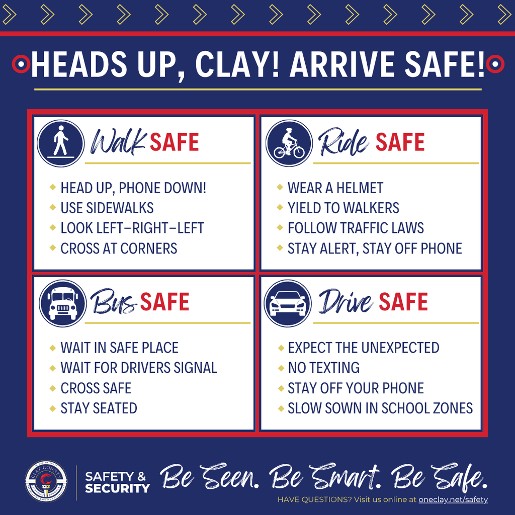 A blue and white graphic with four sections titled 'Walk Safe', 'Ride Safe', 'Bus Safe', and 'Drive Safe'. Each section contains safety tips.