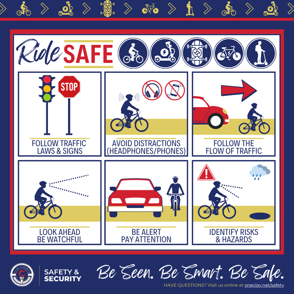 Heads Up, Clat! Arrive Safe - Ride Safe graphic - follow traffic laws and signs, avoid distractions, follow the flow of traffic, look ahead and be watchful, be alert and pay attention, identify risks & hazards