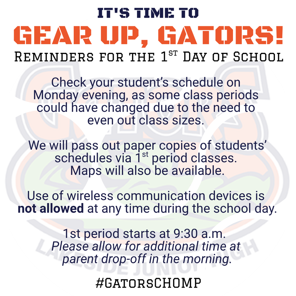 School schedule reminder on a red and white background. First day of school, check student's schedule, pass out schedules, no wireless devices.