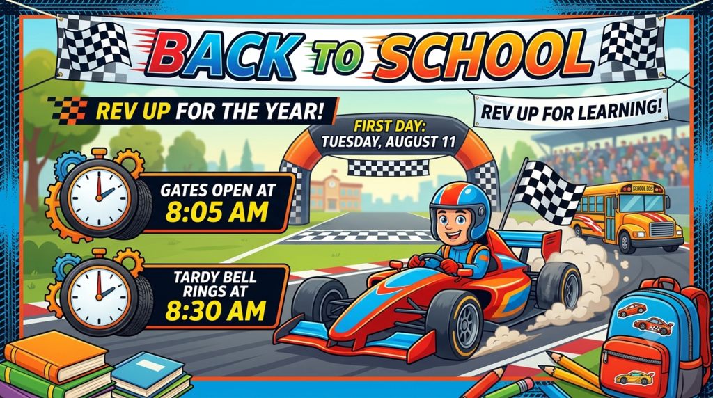 A poster shows a race car with a cartoon character driving. Text reads "Back to School." Times include "Gates open at 8:05 AM" and "Tardy bell rings at 8:30 AM."