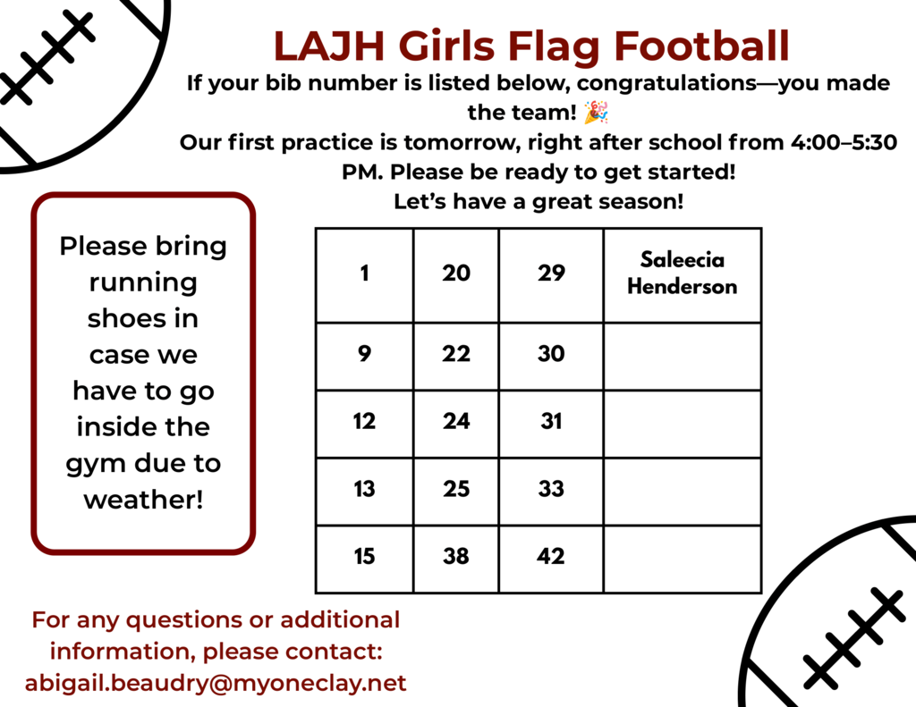 A notice with LAJH Girls Flag Football details includes a roster and practice time. The roster has player numbers and names.