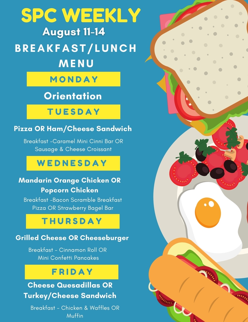 Weekly menu for August 11-14 features sandwich, egg, and other foods. Dates and options for breakfast and lunch.