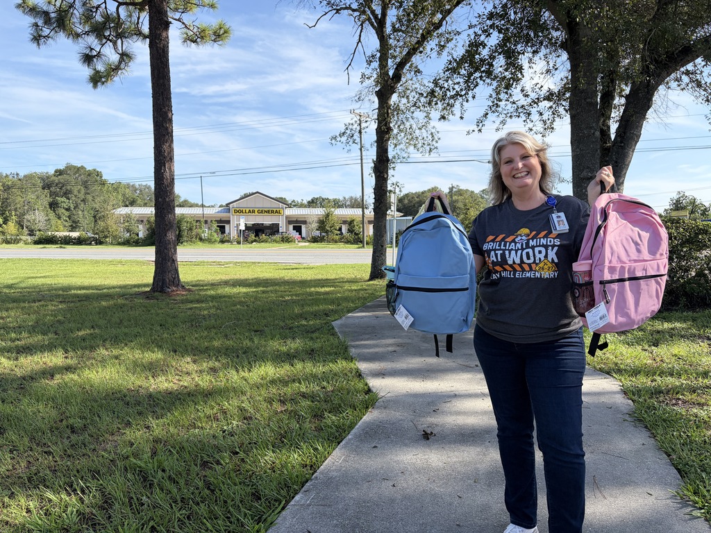 A woman in a gray shirt holds two backpacks, one pink and one blue, on a sidewalk.