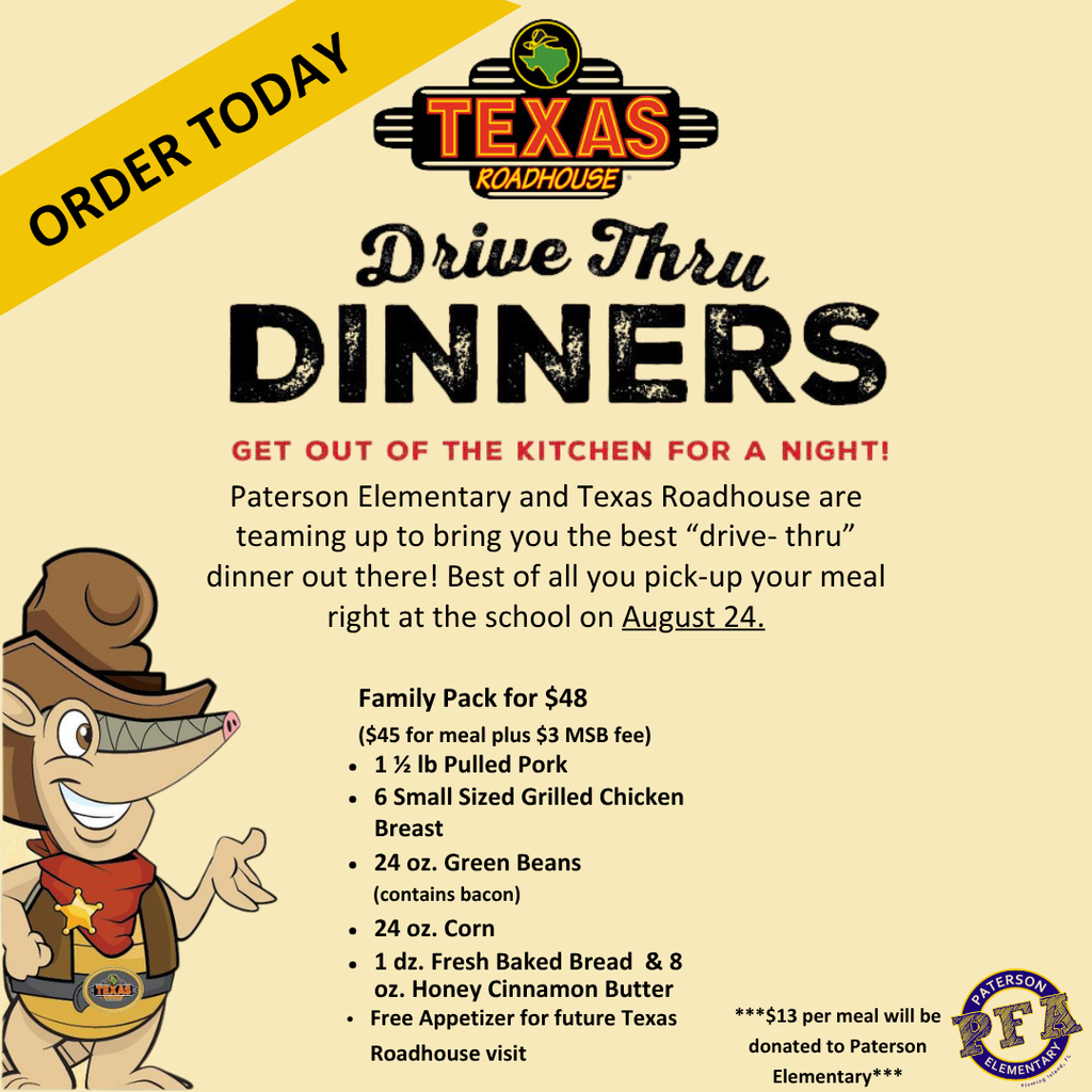 Hey Manatee Families! Make Open House night on Monday, August 24th completely stress-free with a hot meal for the whole crew! Paterson Elementary is teaming up with Texas Roadhouse to bring you the ultimate "drive-thru" dinner experience. Best of all? You can pick up your delicious family meal right at school on Monday, August 24th! No cooking, no dishes, just great food while supporting Paterson. 🥩🥖 👉 Click Here to Order Your Texas Roadhouse Meal on MySchoolBucks: https://tinyurl.com/texasmeal25 Order early to lock in your dinner—we'll see you at Open House!
