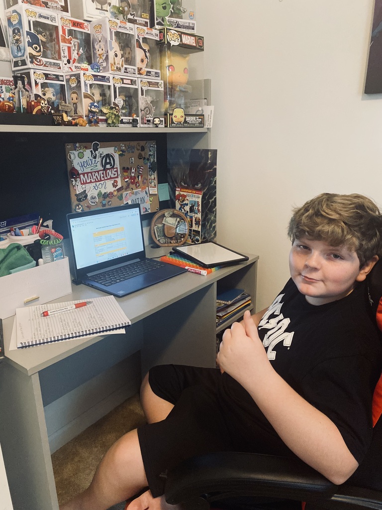 A young boy sits at a desk with a laptop. Behind him, a shelf holds various items.