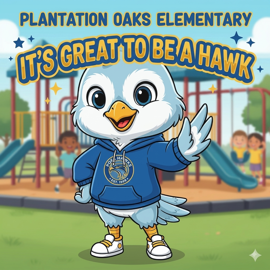 A cartoon bird in a blue hoodie stands in a playground. Behind it, children play on slides.