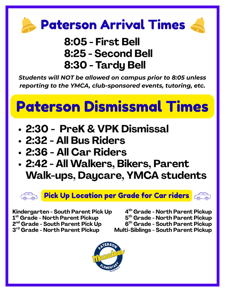 🎒 Manatee Families — Back to School Arrival & Dismissal Cheat Sheet! 🚌 We can’t wait to see our students! To keep drop-off and pick-up as smooth, safe, and speedy as possible, here is everything you need to know about our daily routines. 👇 ☀️ MORNING ARRIVAL ⏰ Gates Open at 8:05 AM (Please no early drop-offs unless attending YMCA, tutoring, or a school club!) 🥣 Breakfast Time: Car Drop-offs: Head straight to the cafeteria first, then off to class! Bus Riders: Head into the cafeteria right after getting off the bus. (Friendly reminder: All yummy food stays inside the cafeteria! 🍎) 🚗 AFTERNOON DISMISSAL TIMES 2:30 PM: Pre-K, VPK & Bldg 3 LI (North Loop) 2:32 PM: Bus Students 🚌 2:36 PM: All Car Riders 🚘 2:42 PM: Walkers, Parent Walk-Ups, Bikers, YMCA & Daycares 🚶♂️🚲 📍 CAR PICK-UP LOCATIONS 📍 South Parent Pick-Up (Front Office Loop): Kindergarten, 2nd, 6th Grade & Multi-Sibling Families 📍 North Parent Pick-Up (By the Bus Loop): 1st, 3rd, 4th & 5th Grade 🚶 PARENT WALK-UP FAMILIES Where to Wait: Southeast corner of the bus loop (look for the sign!). Student Escort: Kids will gather in the breezeway and be escorted out by a staff member. Pro-Tip: Have your yellow card ready to show at the gate! 💳✨ ⏰ Note: Any students still hanging out after 3:00 PM will head to the front office for safety until signed out. Let’s make it a fantastic, safe year! Drop any questions below or give us a ❤️ if you’re ready for a great school year!