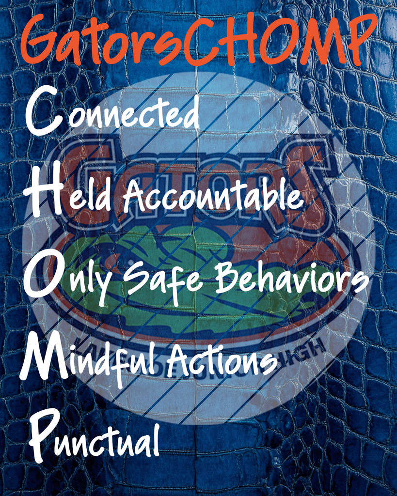 Blue and white graphic featuring a round logo. Text includes "Connected, Held Accountable, Only Safe Behaviors, Mindful Actions, Punctual".