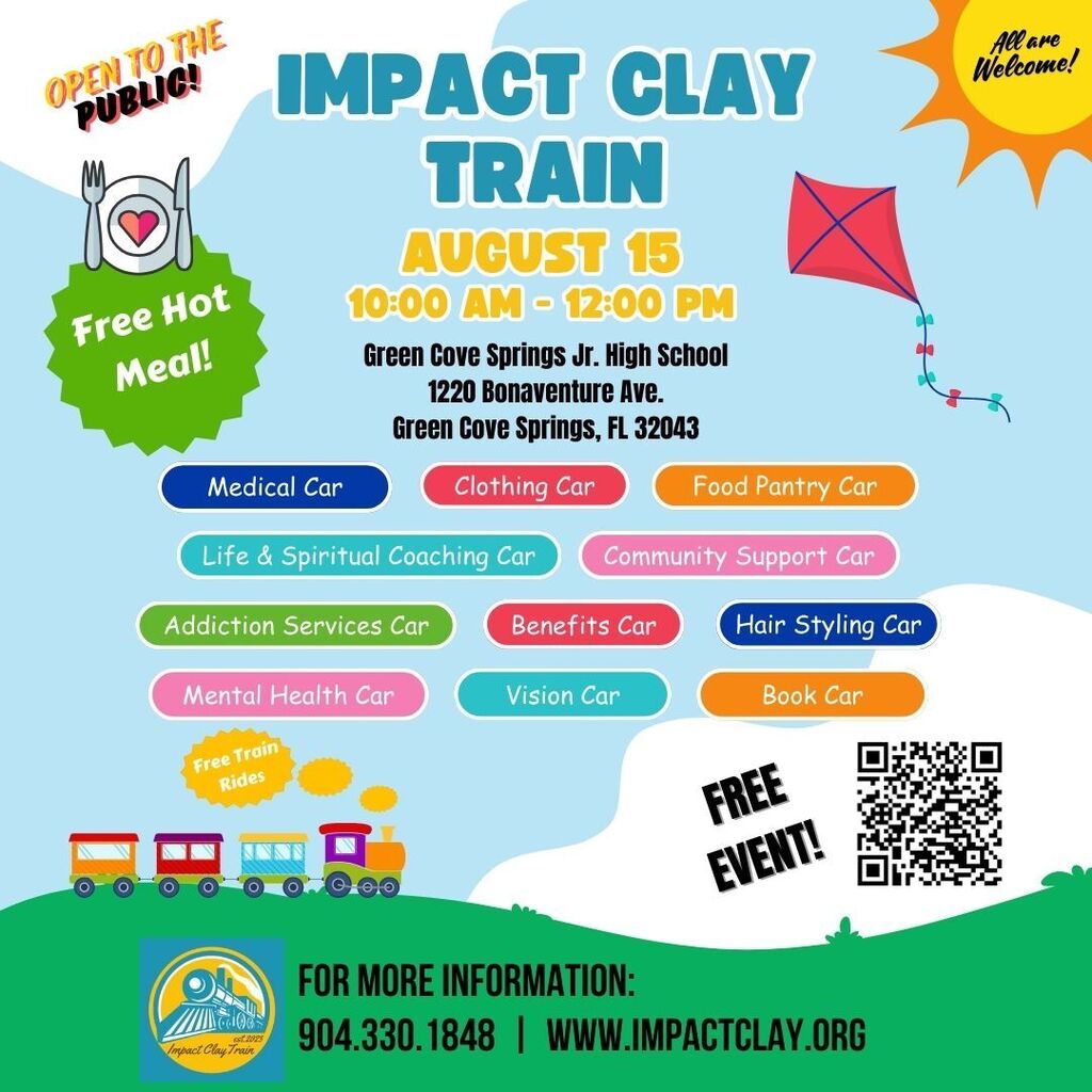 An event flyer with a colorful background shows a train, kite, and sun. It reads "Impact Clay Train" and lists services and a free meal.