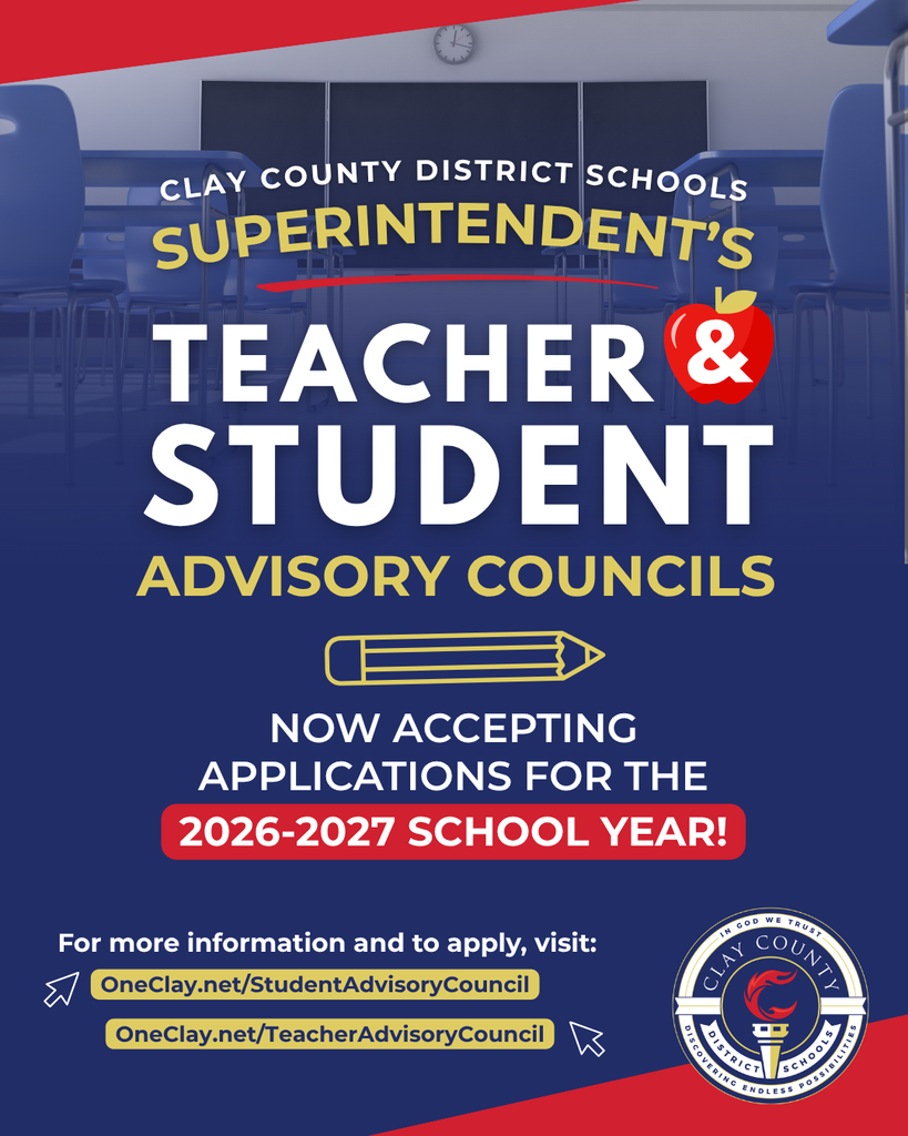 Blue chairs against a classroom backdrop. Blue and white text reads "Clay County District Schools Superintendent's Teacher & Student Advisory Councils" with a pencil and apple.